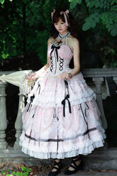 Robe Lolita douce de princesse à lacets en dentelle avec nœud à volants et col licou croisé rose